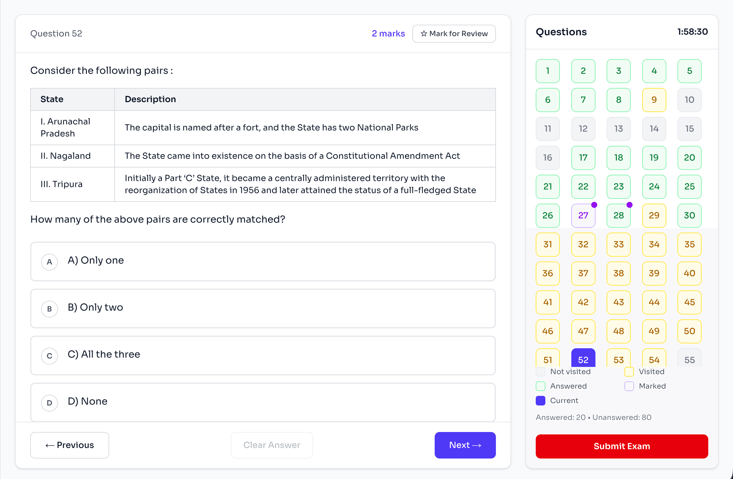 Timed exam simulation interface